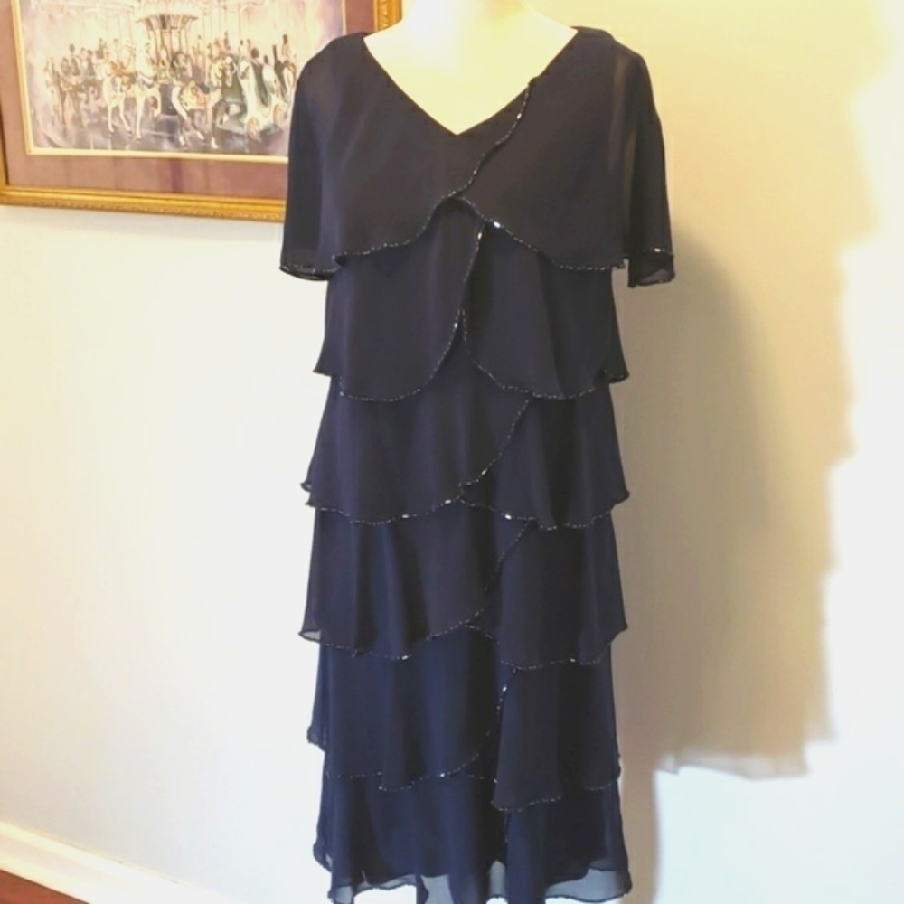PATRA Navy Layered & Beaded Cocktail Dress 8 EUC - Picture 9 of 9